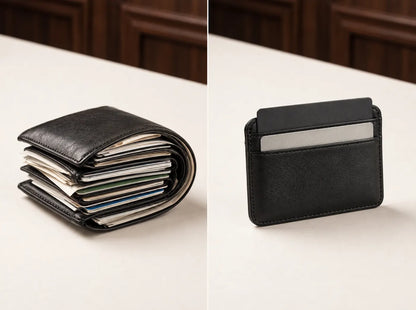 A bulky folded wallet next to The Essential Wallet, showing the difference in thickness