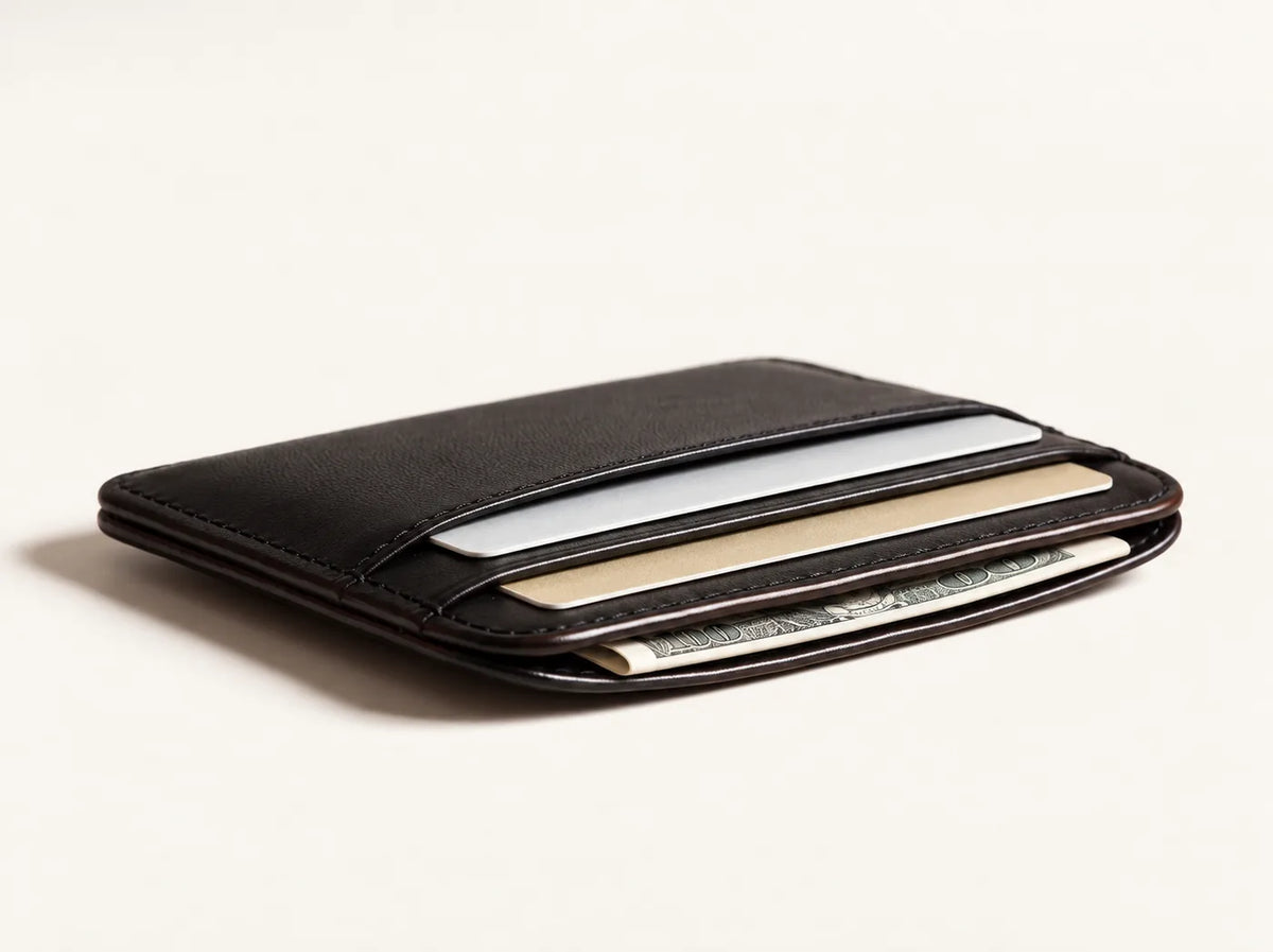 The Essential Wallet in black leather, holding cards and a folded note