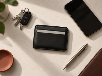 The Essential Wallet beside keys, a phone and a pen on a stone surface