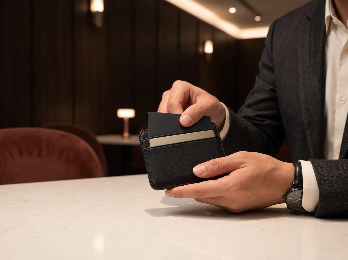 A man drawing a card from The Essential Wallet