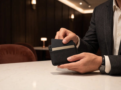 A man drawing a card from The Essential Wallet