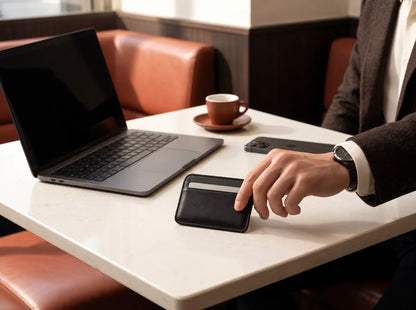 The Essential Wallet on a cafe table beside a laptop and an espresso